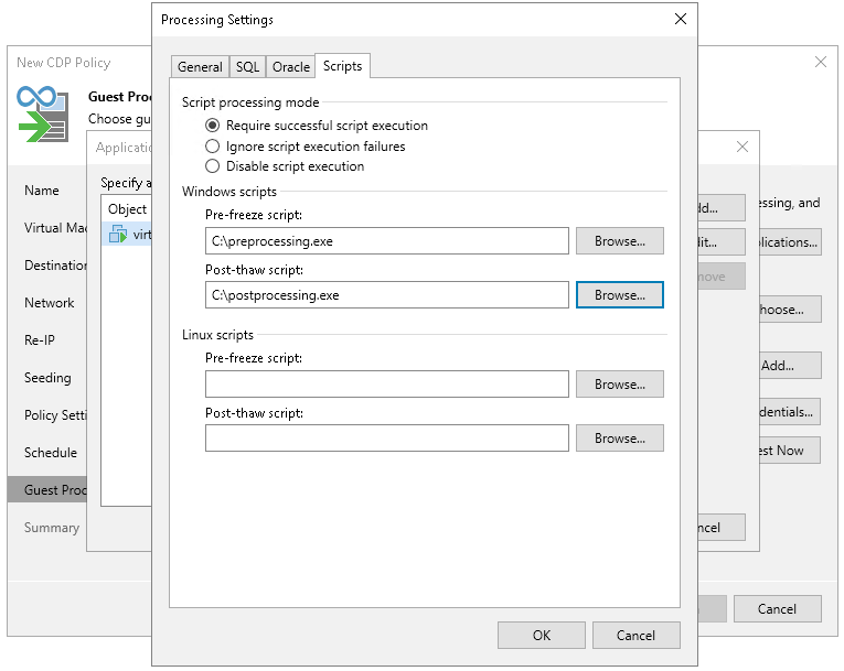 Configure script processing Script Settings