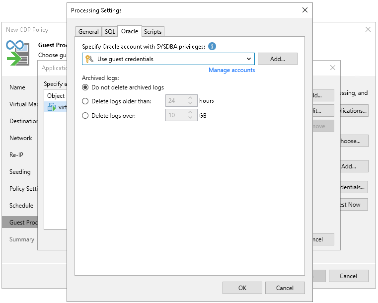 Configure log handling for Oracle Server Oracle Archived Log Settings