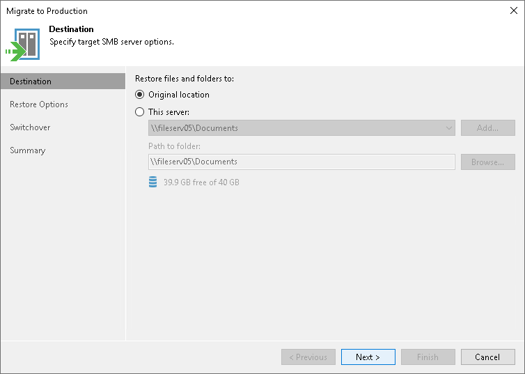 Step 2. Define Destination for Migration