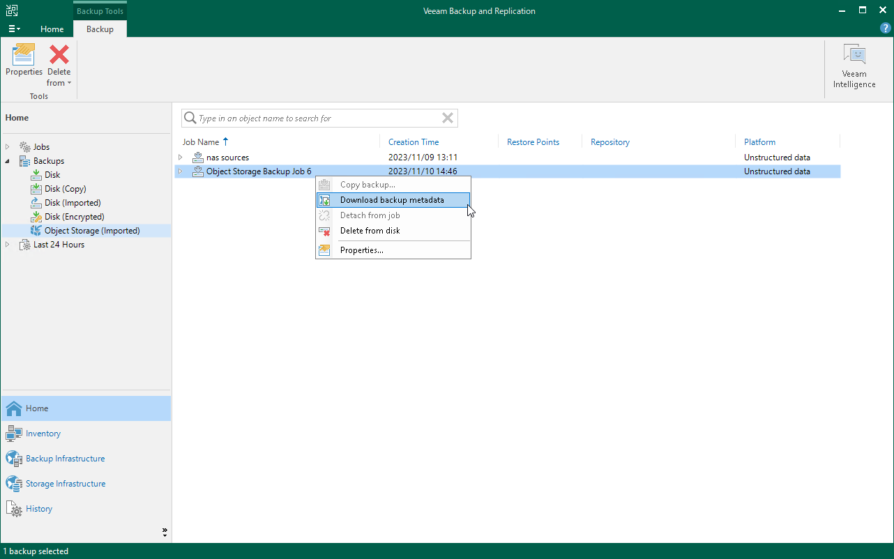 Download backup metadata