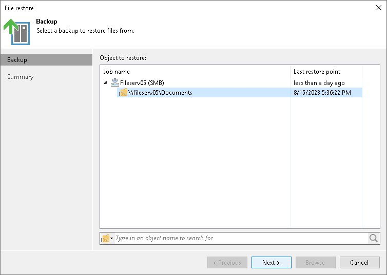 Select Object to Restore Step 2. Select Object to Restore