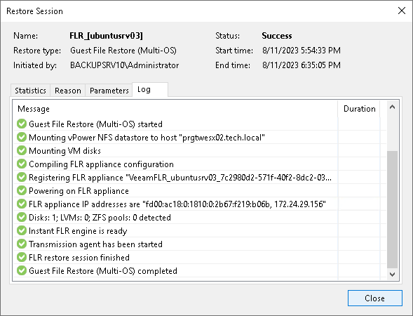 Viewing File Restore Session Statistics