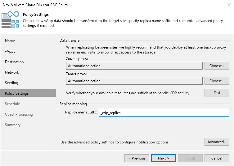 Step 9. Specify Data Transfer and Replica Settings