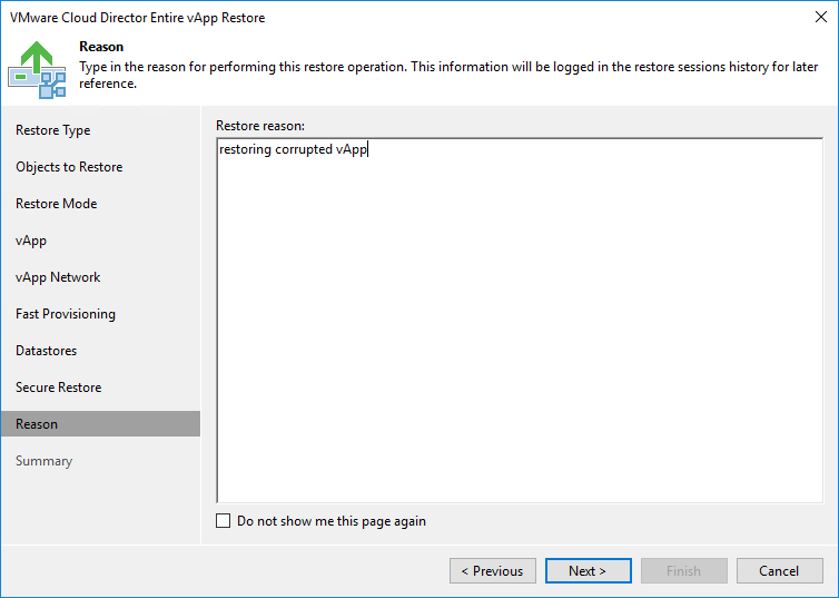 Step 10. Specify Restore Reason