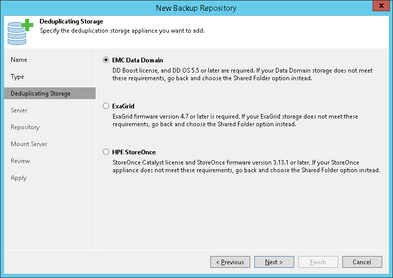 Step 4. Select Type of Deduplicating Storage Appliance