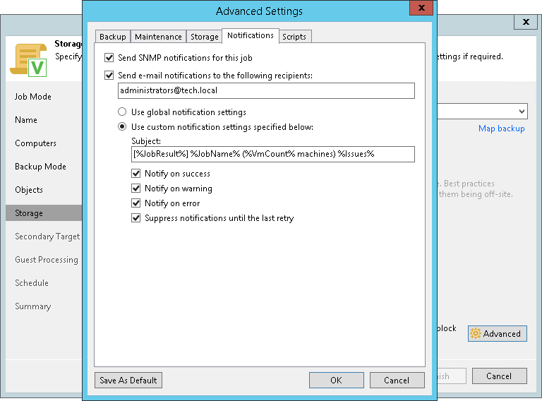 Notification Settings for Veeam Agent Backup Job