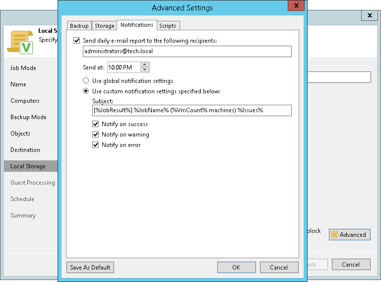 Notification Settings for Backup Policy