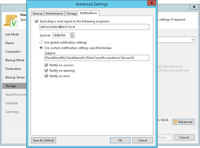 Notification Settings for Backup Policy