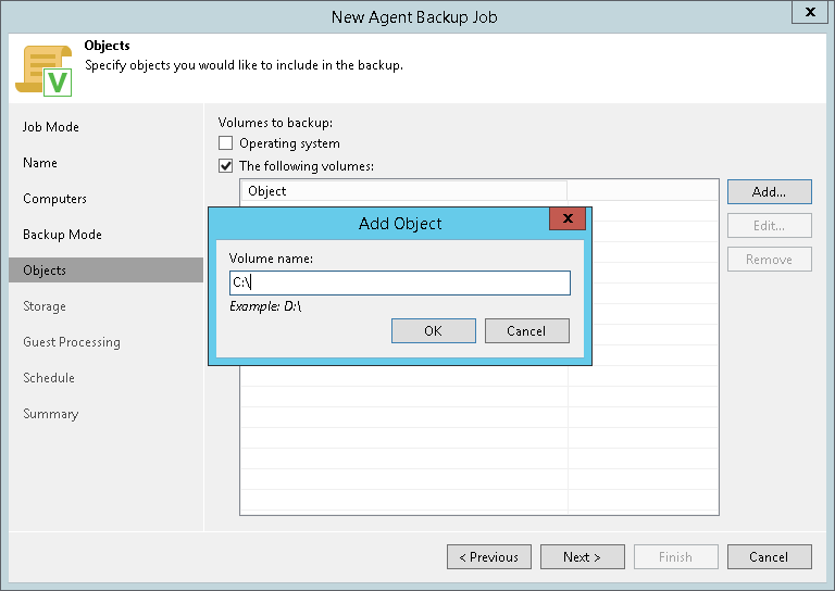 Specifying Volumes to Back Up