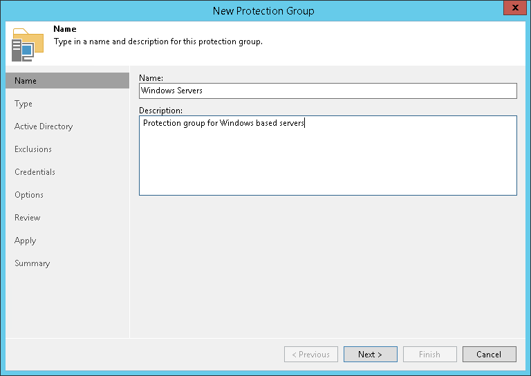 Step 2. Specify Protection Group Name and Description