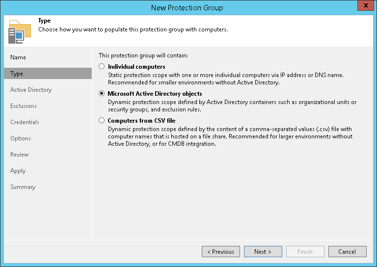 Step 3. Select Protection Group Type