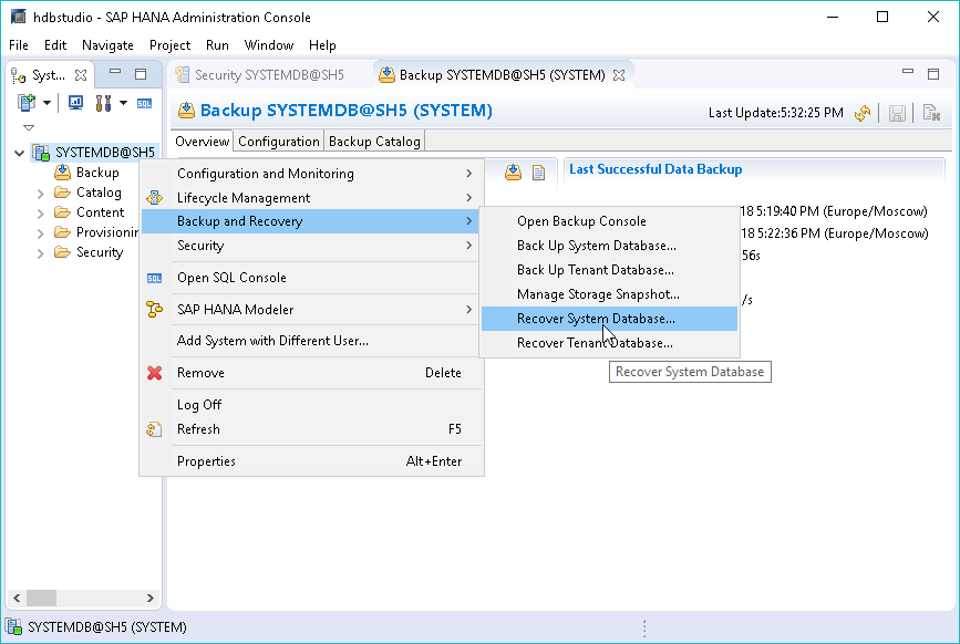 Recovering Databases with SAP HANA Studio