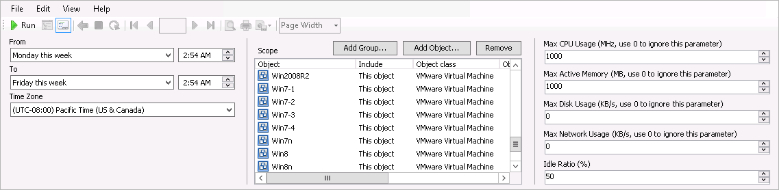 Idle VMs Report Settings