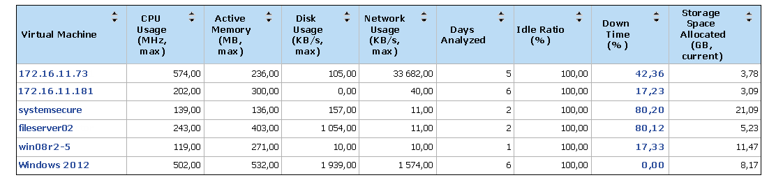 Idle VMs Report Output Details