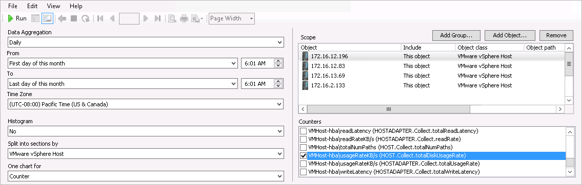vSphere Hosts: Disk Performance History Report Settings