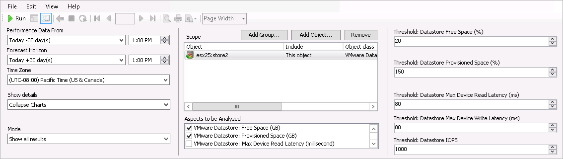 Performance Forecast for Datastores Report Settings