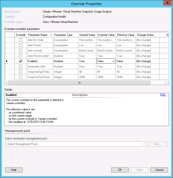 Overriding 'Veeam VMware: Virtual Machine Snapshot Usage Analysis' Monitor