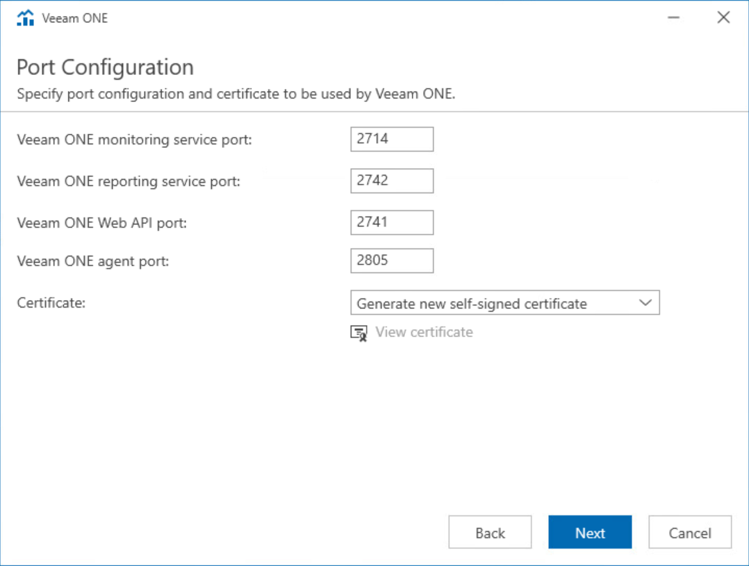 Veeam ONE Specify Website Ports