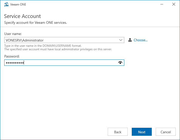 Veeam ONE Specify Service Account Credentials