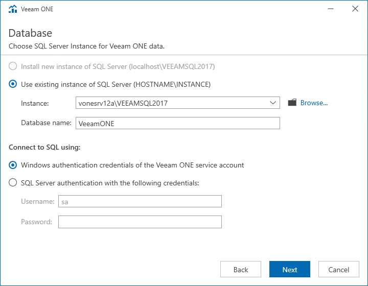 Veeam ONE Choose Microsoft SQL Server