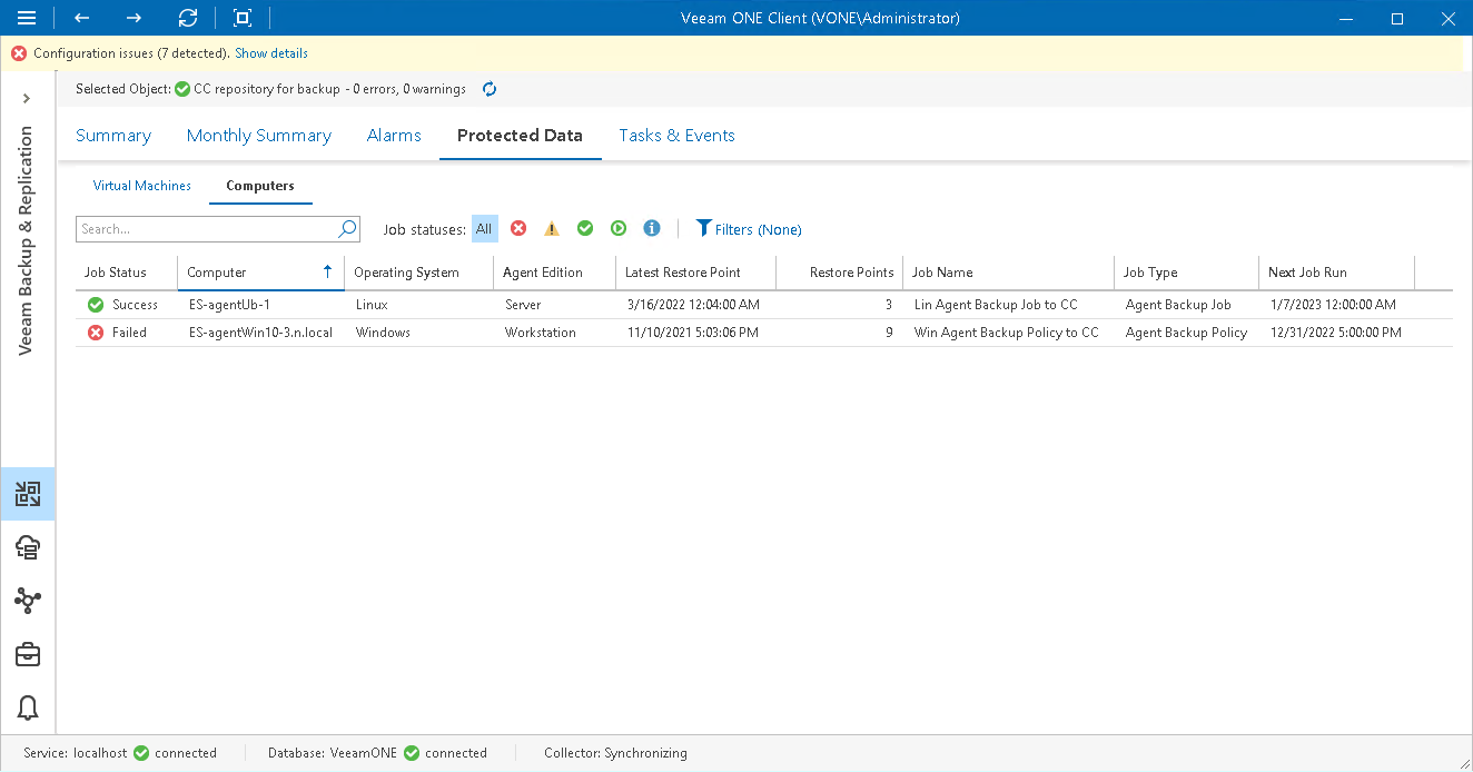 Viewing the List of Computers in Backups