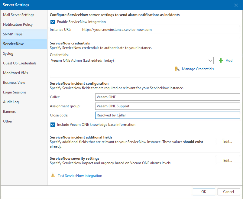 ServiceNow Integration Settings