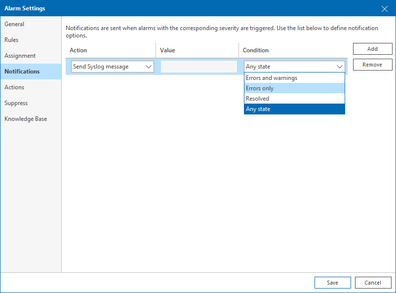 Syslog alarm notification