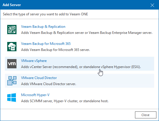 Select VMware Server Connecting VMware vSphere Servers