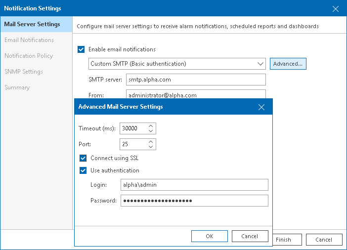 SMTP Server Settings Configuring Alarm Notifications