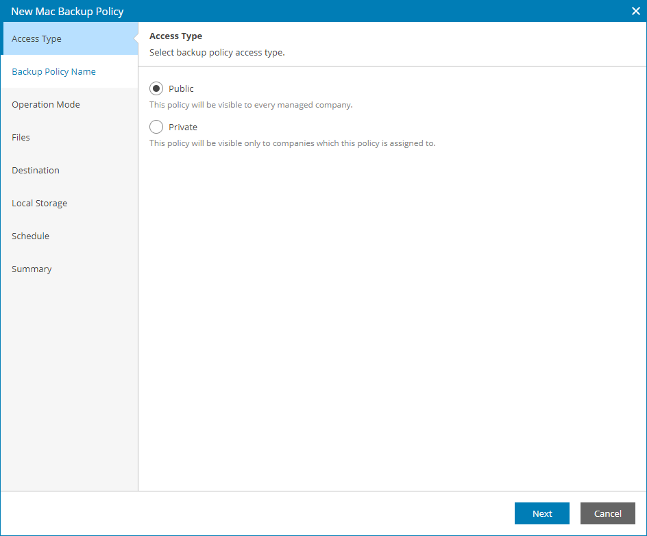 Select Backup Policy Access Type
