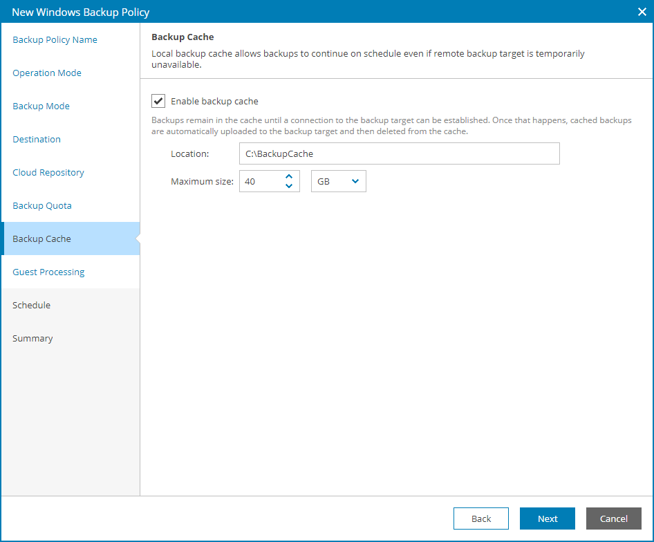Specify Backup Cache Settings