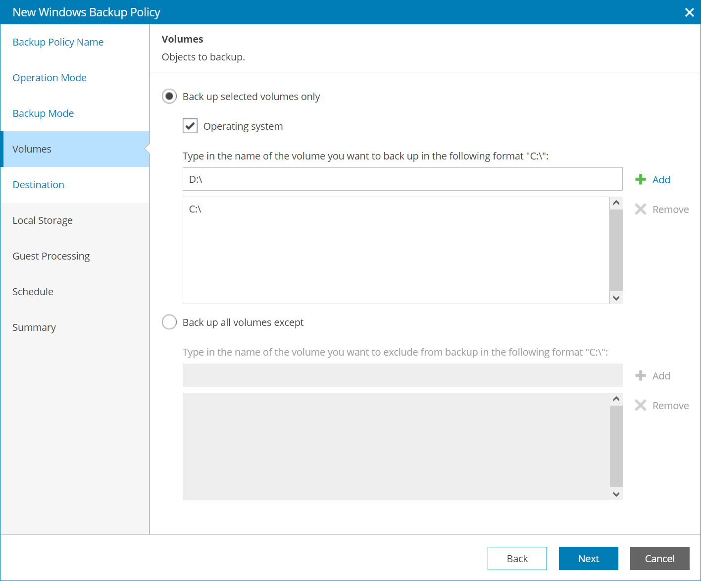 Choose Volumes to Back Up