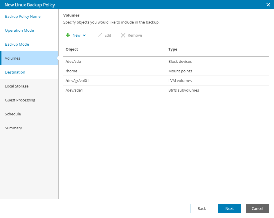 Choose Volumes to Back Up