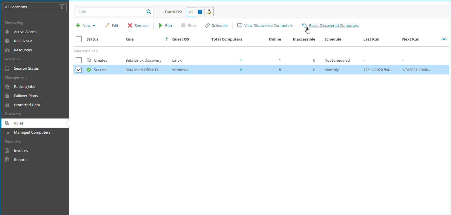 Reset Discovery Results