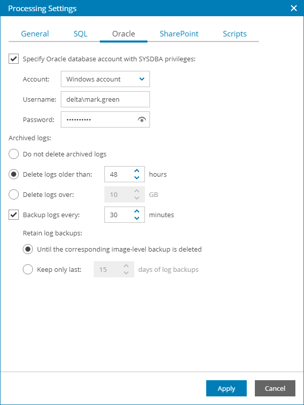 Specify Application-Aware Processing Settings for Oracle