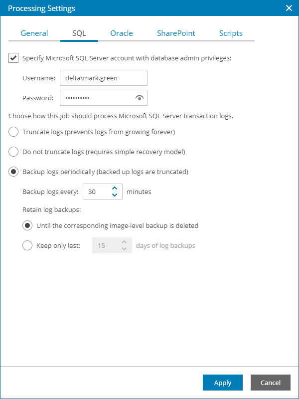Specify Application-Aware Processing Settings for SQL