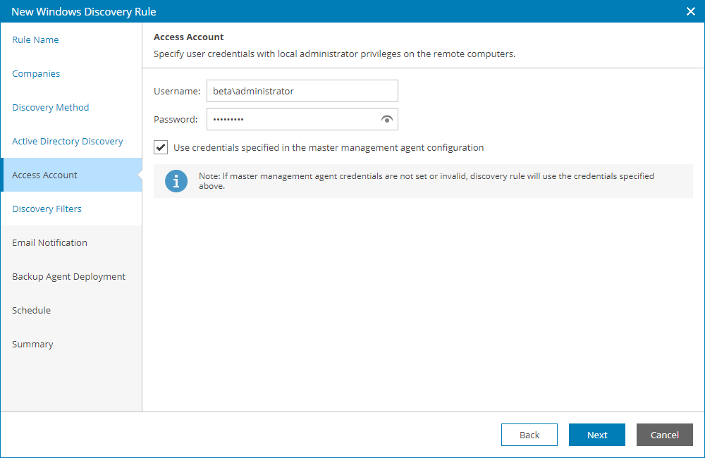 Specify Discovery Account