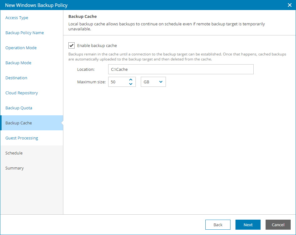 Specify Backup Cache Settings