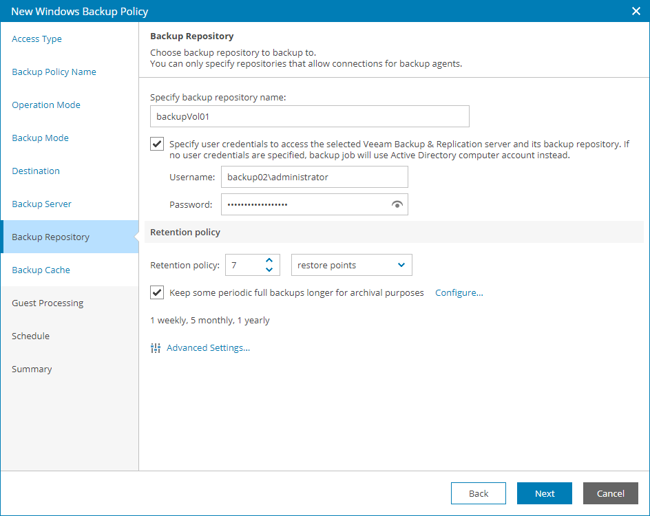 Specify Backup Repository Settings