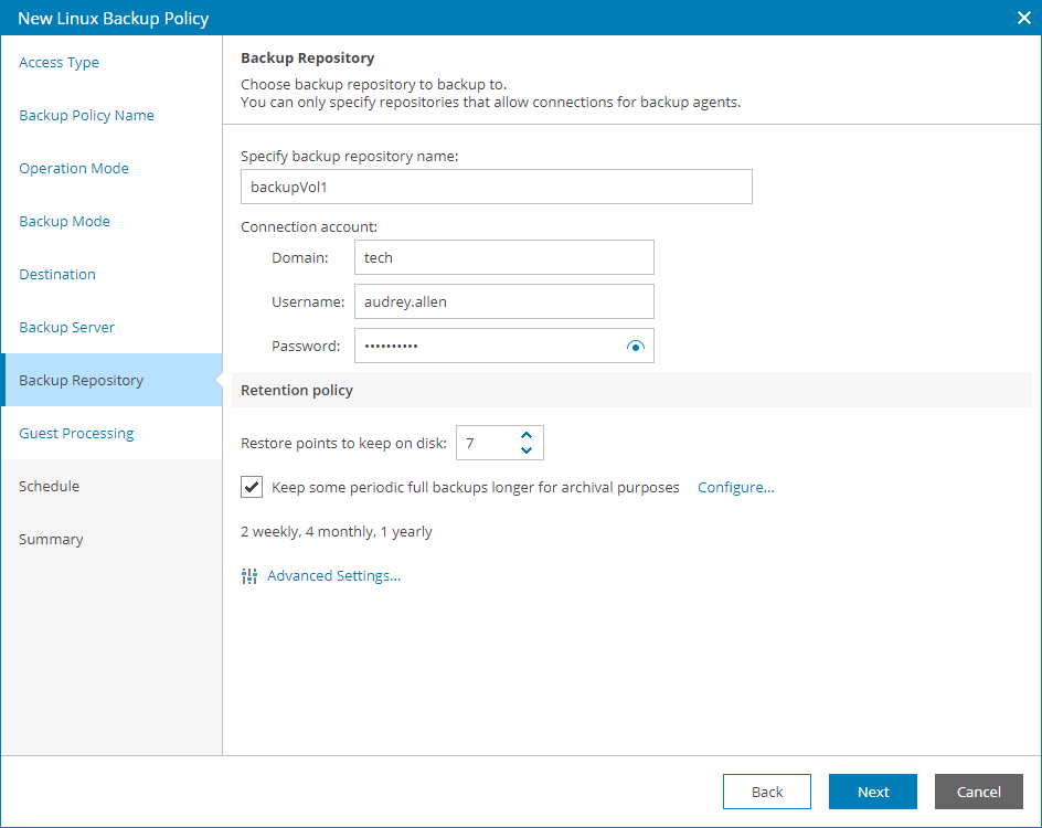 Specify Backup Repository Settings