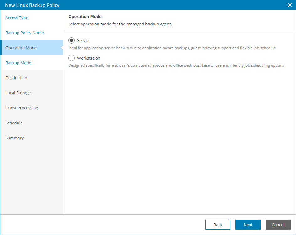 Choose Backup Agent Operation Mode