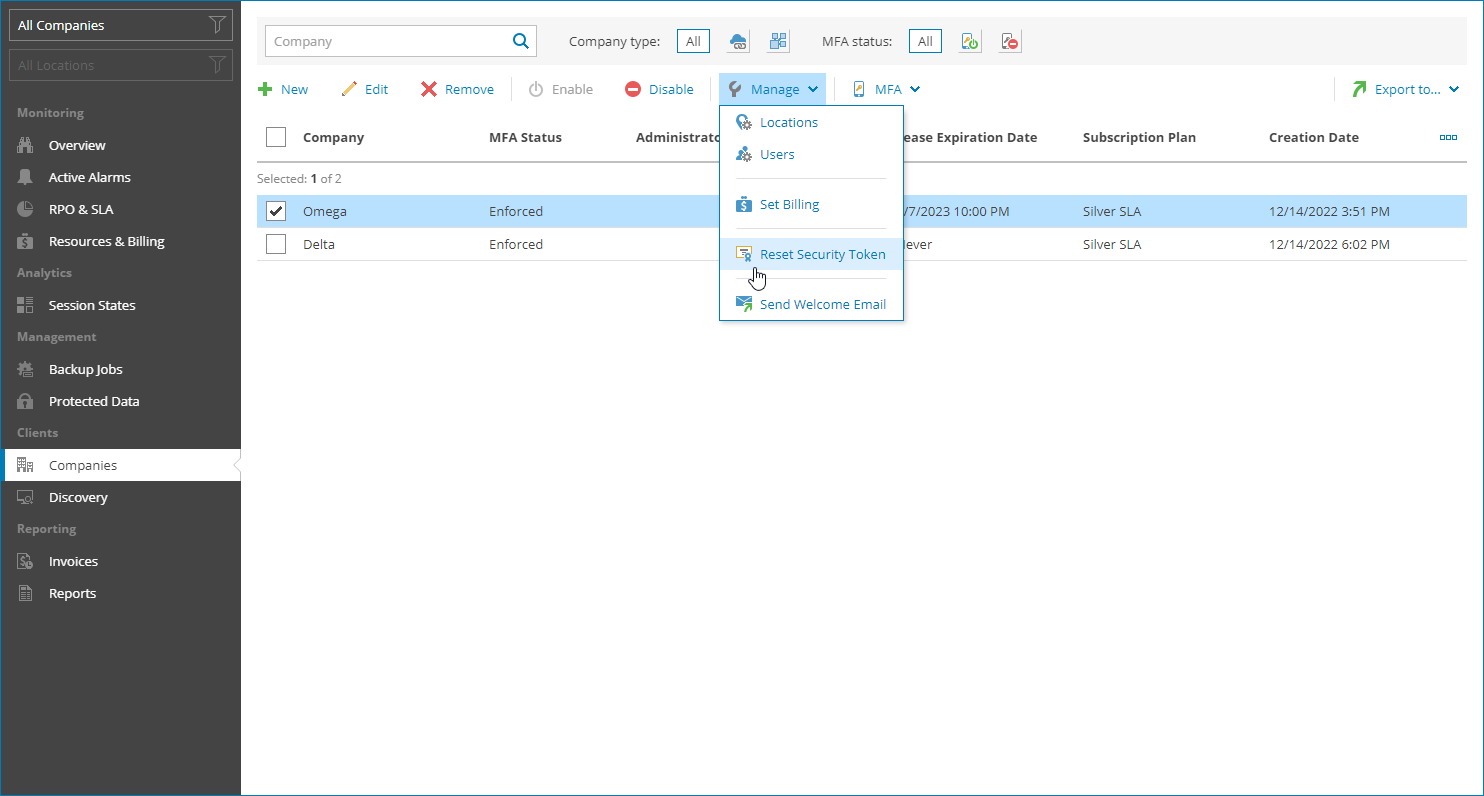 Reset Company Security Token