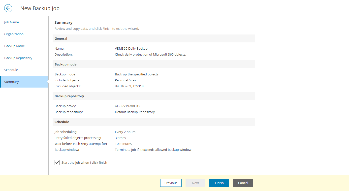 Review Backup Job Settings