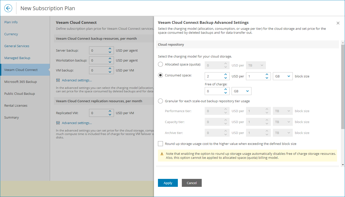 Specify Charge Rates for Consumed Space