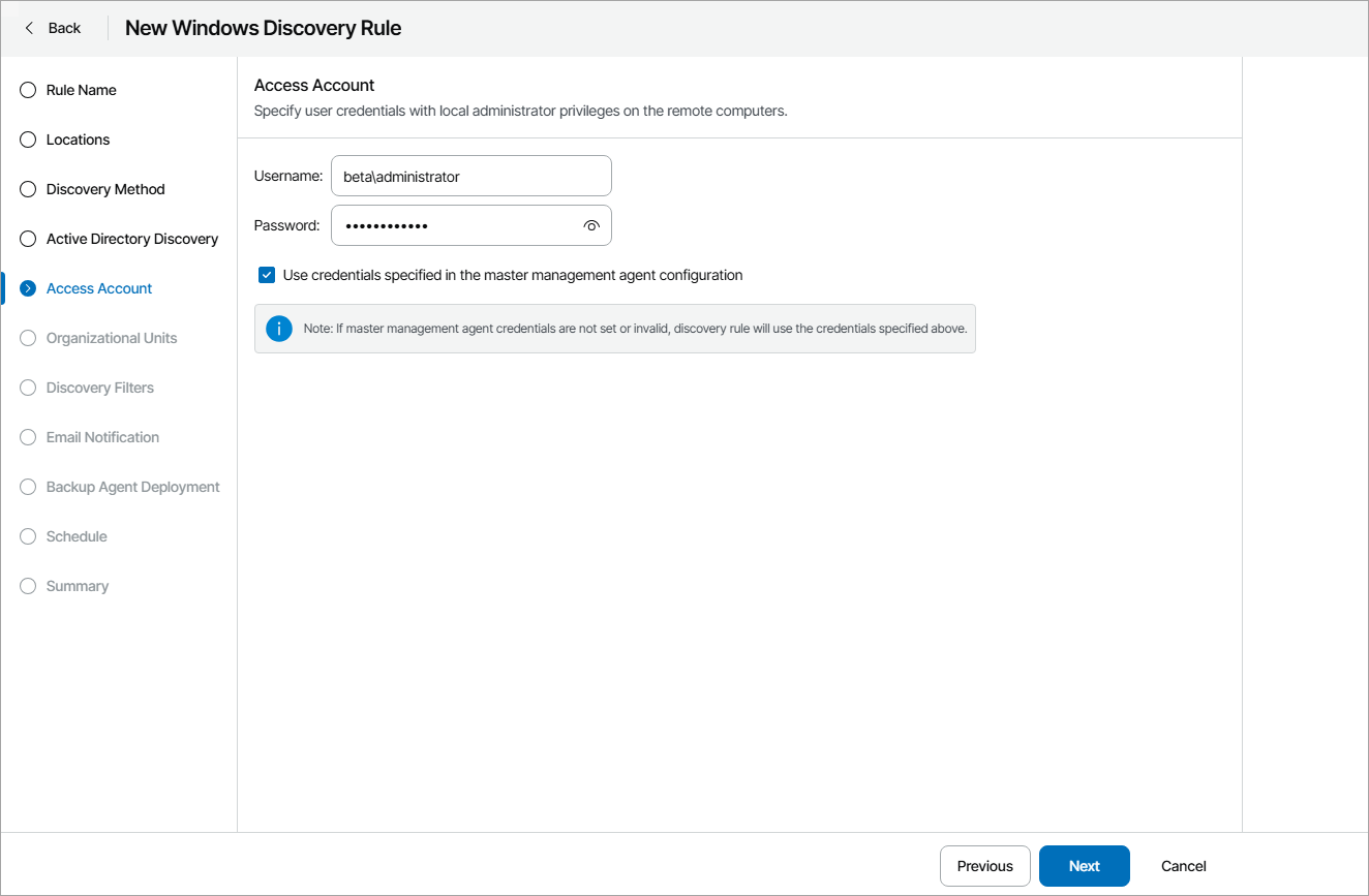 Specify Discovery Account
