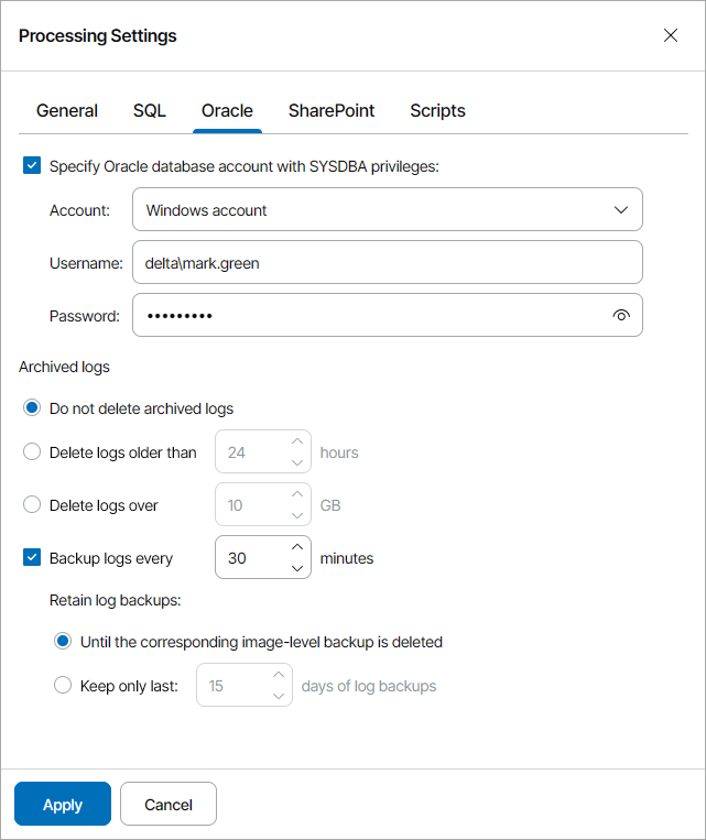 Specify Application-Aware Processing Settings for Oracle