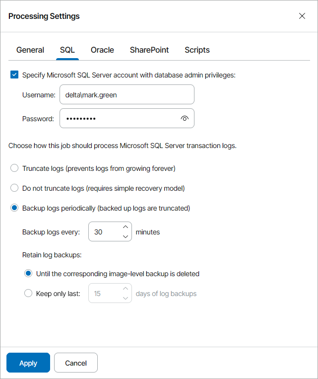 Specify Application-Aware Processing Settings for SQL