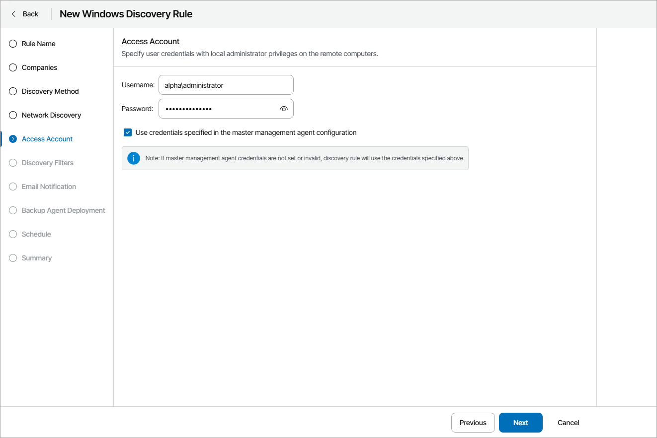 Specify Discovery Account