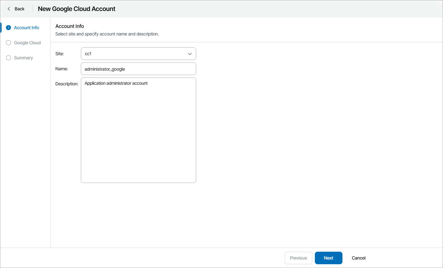 Specify Account Name and Description