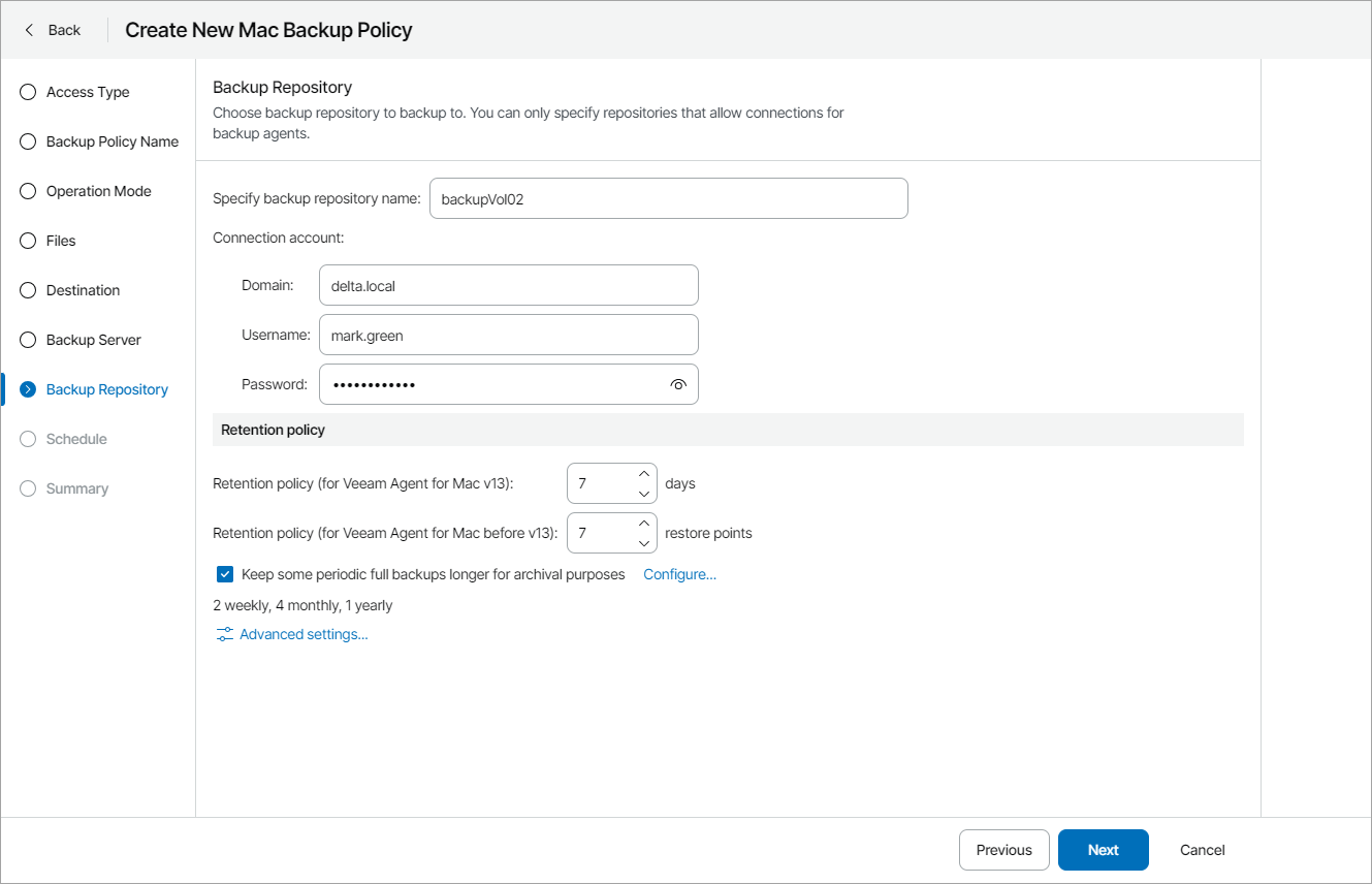 Specify Backup Repository Settings